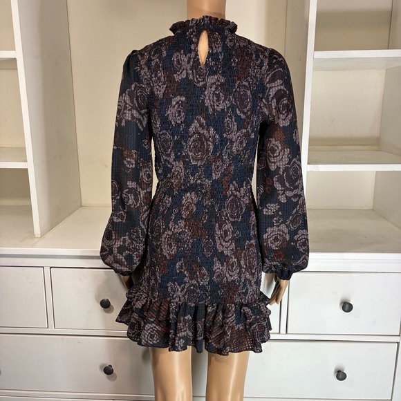 ZARA Womens Smocked Floral Mini Dress Blue Brown Ruffle High Neck Size M - Picture 3 of 7